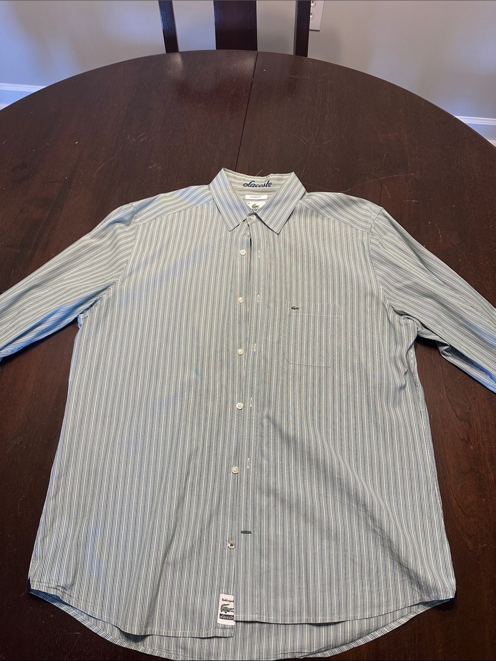 Vintage Lacoste Men's green, purple and white Striped Button-Down Shirt
